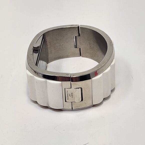Kenneth Jay Lane Breakers Bangle Watch White Silicone Inlay Mother Of Pearl Dial - Picture 4 of 9